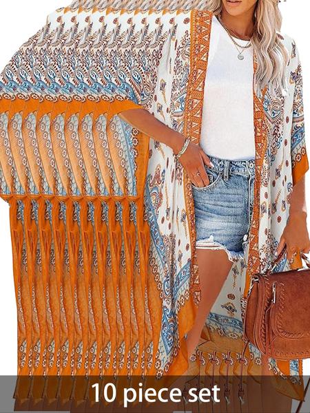 Women's Ethnic Pattern Kimono, Boho Casual Open Front Cover Up for Beach Vacation, Ladies Spring & Fall Clothes