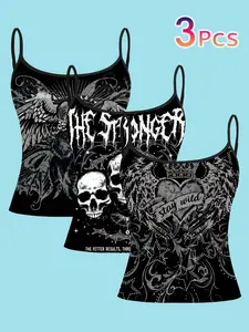 3 Piece Set Dark Skull Wing Strapless Sleeveless Vest Top, Gothic Print, Casual Slim-Fitting Backless Design, All Season Wear, Camisole Tops