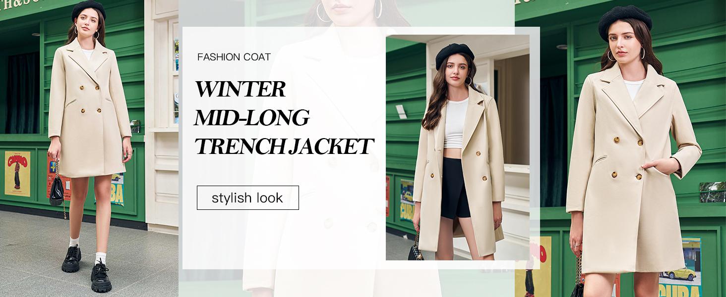 Yousify Womens Notched Lapel Collar Double Breasted Pea Coat Winter Wool Blend Overcoat Long Fitted Jacket with Pockets