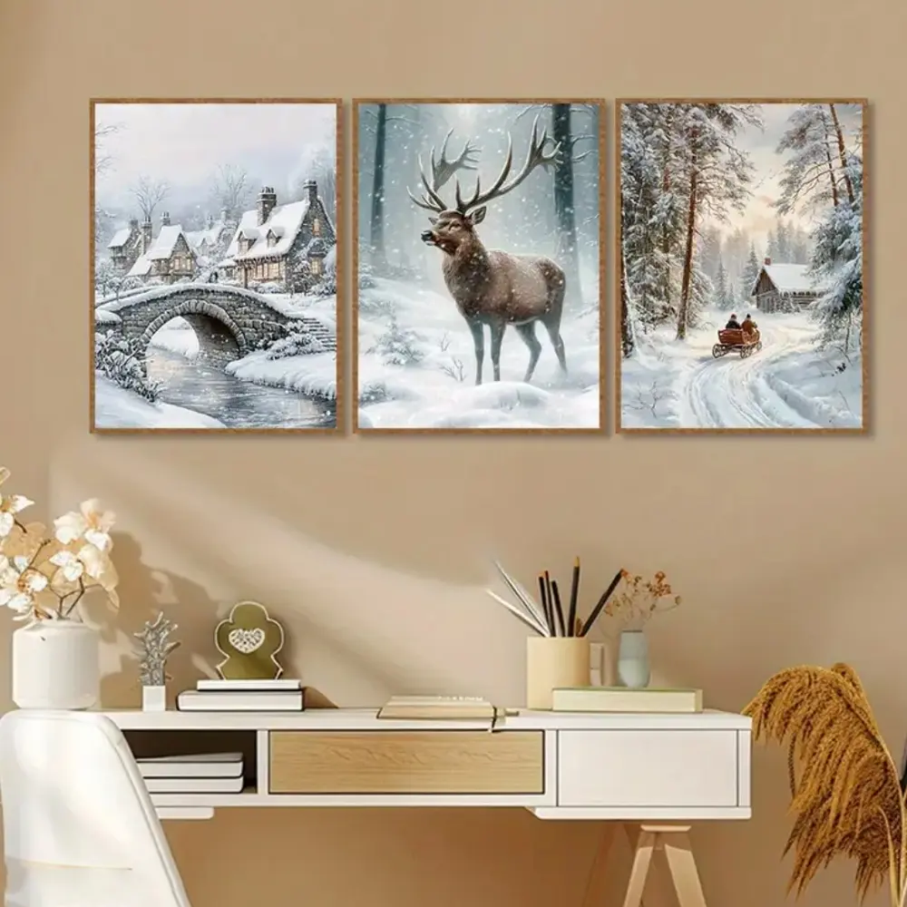 3pcs Frameless Christmas Wall Art, Cozy Winter Cabin Scene Print, Festive Holiday Decor for Living Room, Stylish Christmas Decoration