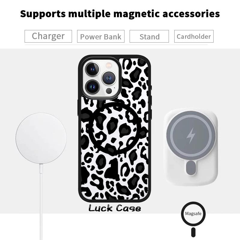 MagSafe Case Compatible with iPhone 17 16 E Pro Max 15 Plus 14 13 12 11 Air Black - White Leopard Lure Clear Acrylic Back Drop Protection Pocket-Friendly Cellphone Cover Gift for Girl