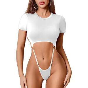 Women's Sexy Cut Out Lingerie Bodysuit Short Sleeve Tshirt Body Suits Slim Fit Crew Neck Crop Tops(Gift)
