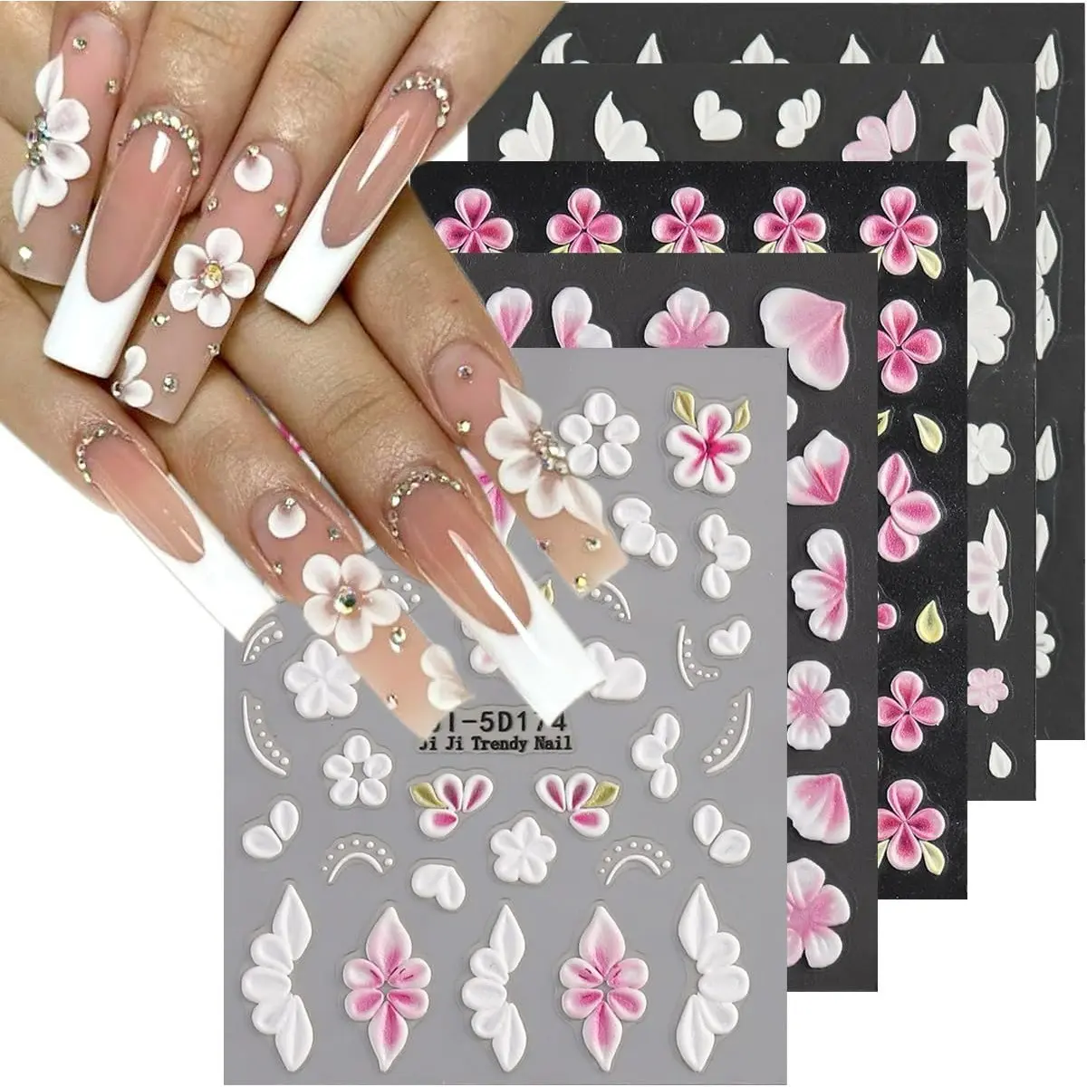 5PCS 5D Embossed Flowers Nail Art Stickers, Self-Adhesive Pink White Flower Sticker Floral Petals Cherry Blossom Butterfly Nail Decals French Tips Design