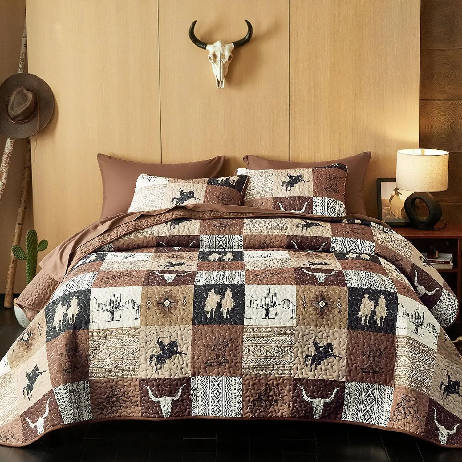 - Set, Southwestern Aztec Horse Rustic Ranch Pattern Printed, Reversible Lightweight Bedspread Coverlet, 3 Pieces, Tan Brown, Queen/Full Size