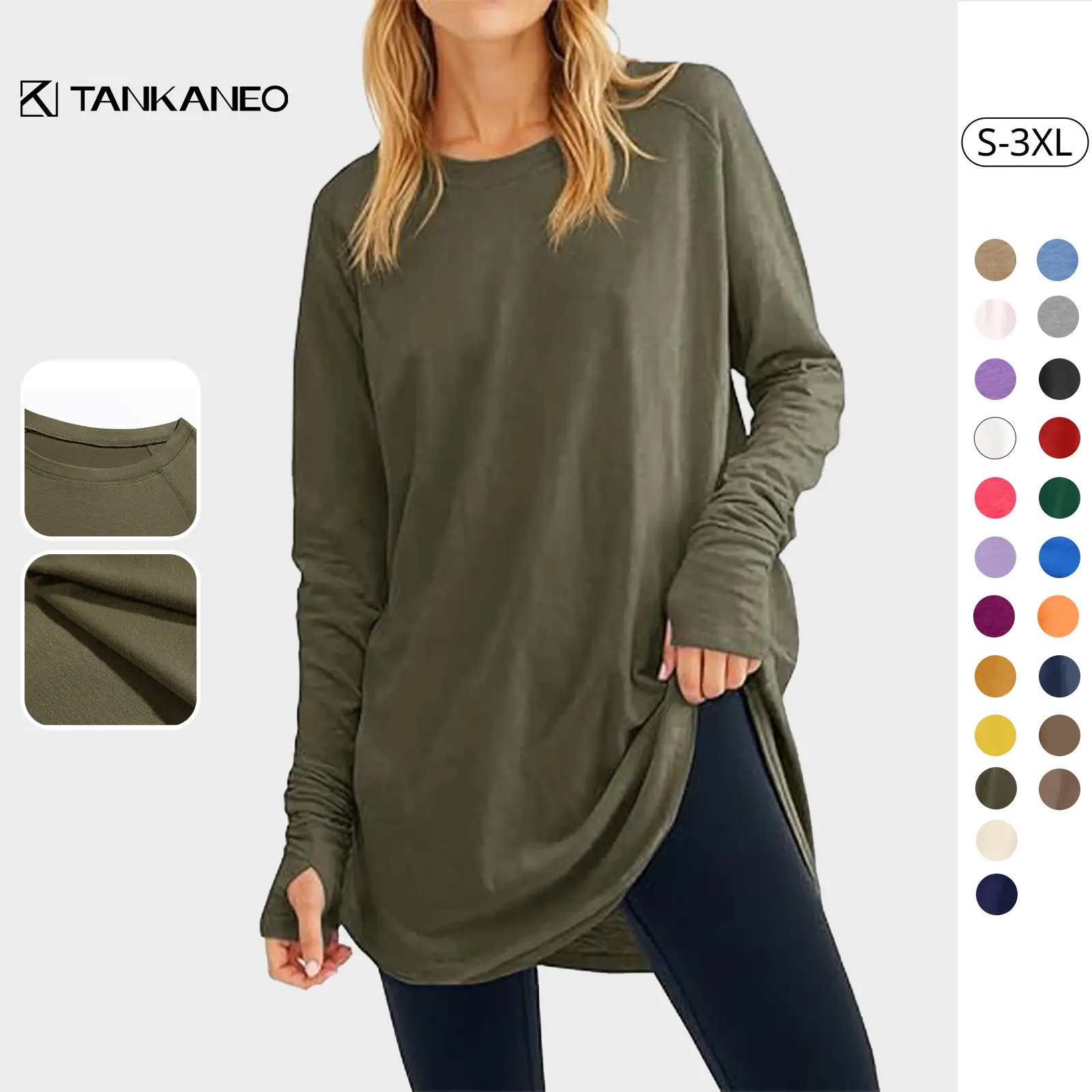 Tankaneo Women's Casual Long Sleeve Tops Crew Neck Round Hem Loose T-Shirts Tunic Tops with Thumb Holes