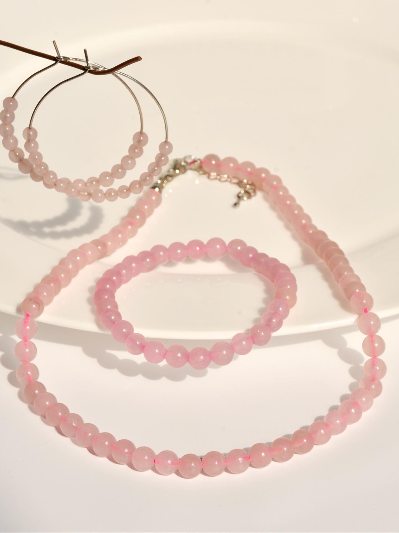 Fashion Simple Natural Pink Crystal Jewelry Set, Including Necklace & Earrings & Bracelet, Casual Jewelry Set for Women, Fashion Accessories for Party, Daily Clothing Decor