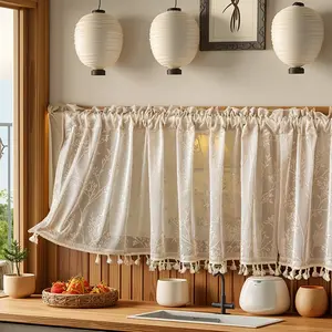 1pc French Boho Leaf Embroidery Sheer Curtain, Fringe Hem Short Half Drapes, Soft Light Filtering, Ideal for Coffee Nook, Kitchen Window, Multiple Colors Available