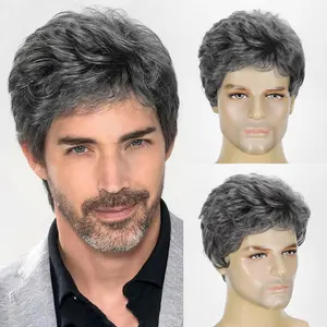New Arrival European Men Short Business Wig, Black Grey Ombre Gradient Machine Made Synthetic Full Cap Wig, Breathable Adjustable Heat Resistant Hairpiece for Office Daily Bald Hair Replacement