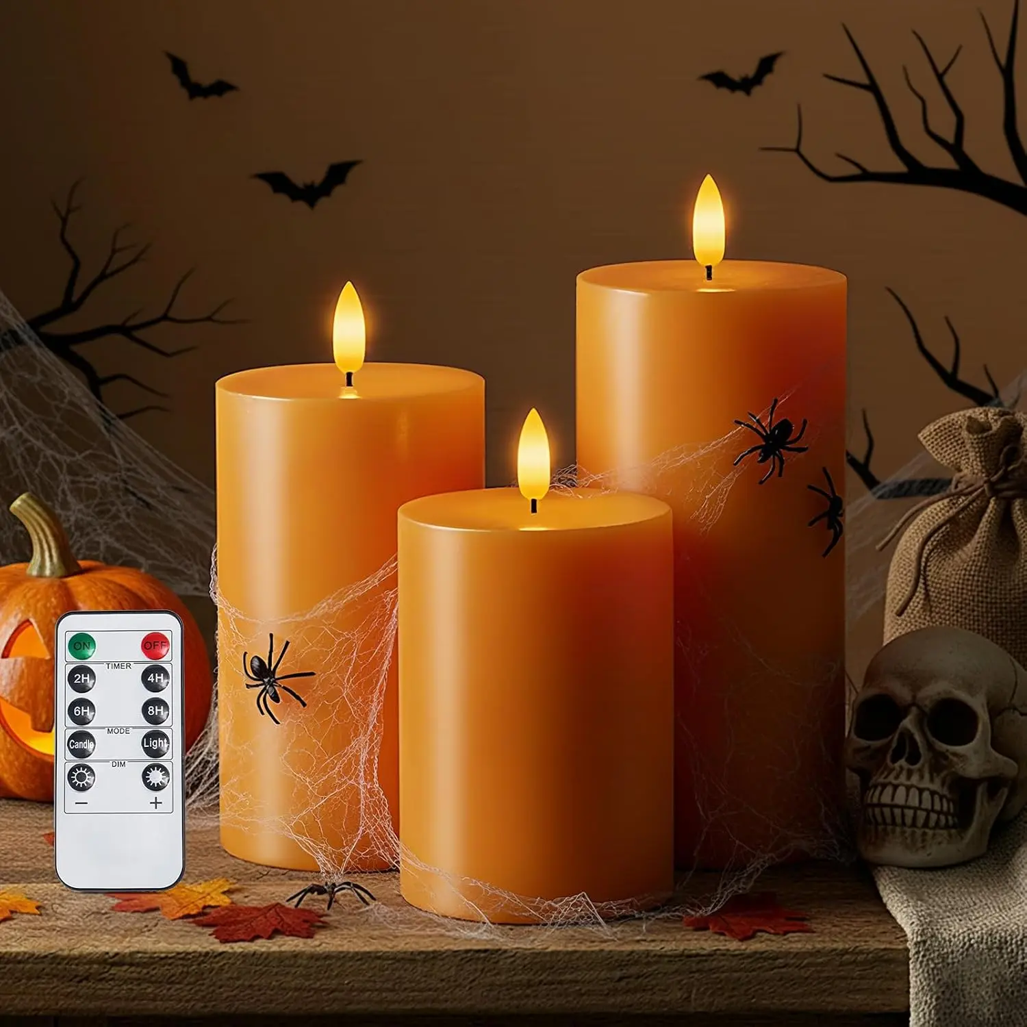 Set of 3 Real Wax Halloween Orange Flameless Battery-Operated LED Pillar Candles, Remote & Timer Included, for Halloween Decor, Fall Decor, Festive Home Supplies (H456)