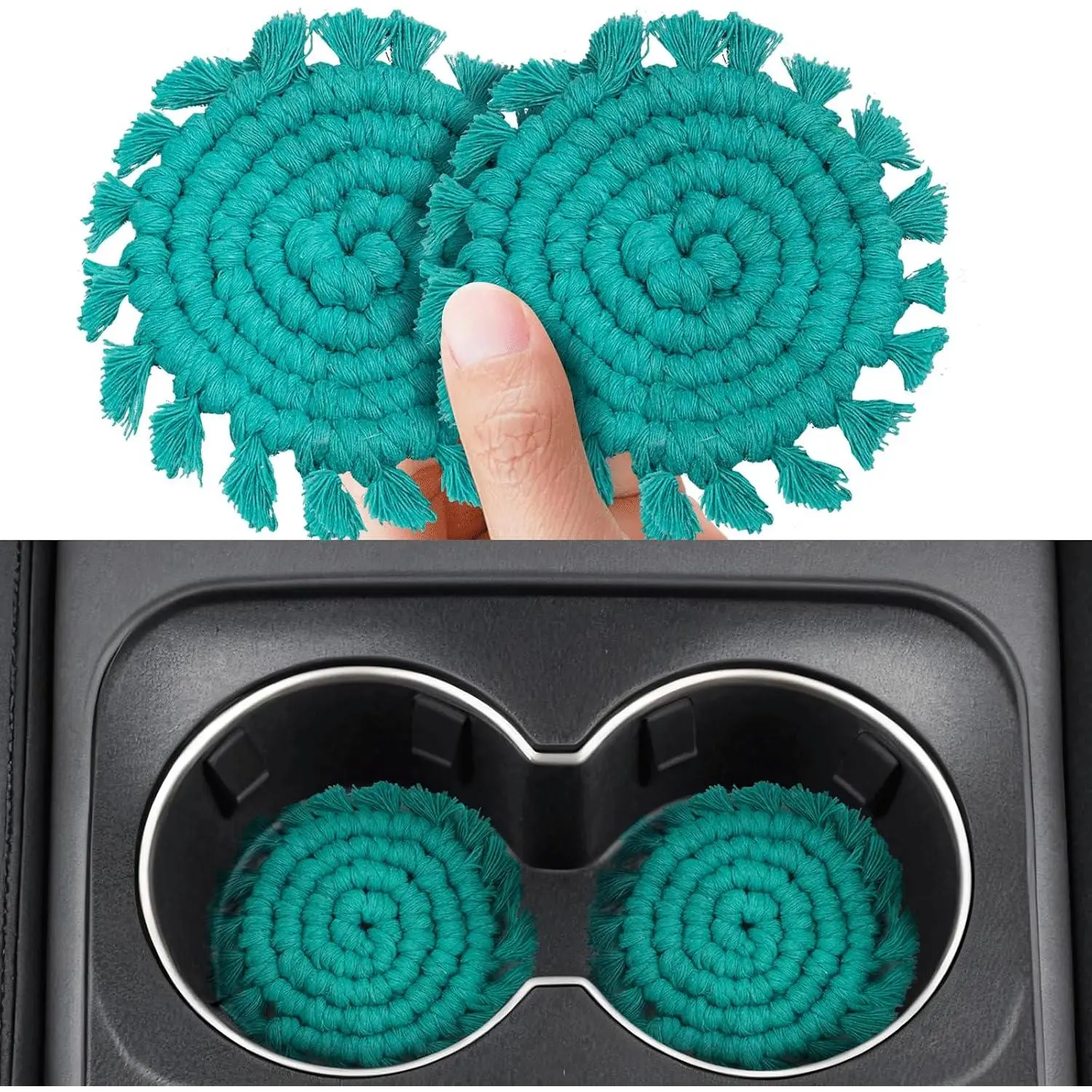 Coasters for Cup Holders, 2 Pack Macrame Boho  Cup Holders Insert Coasters for  Interior Accessories for Women and Man-Teal Blue