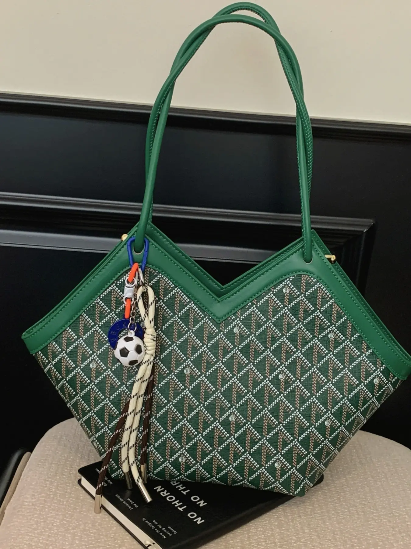 Luxury Rhombus Print Tote Bag, PU Leather Shopper, Autumn Winter High-End Patchwork Leather Shoulder Bag, Student School Commute Bag