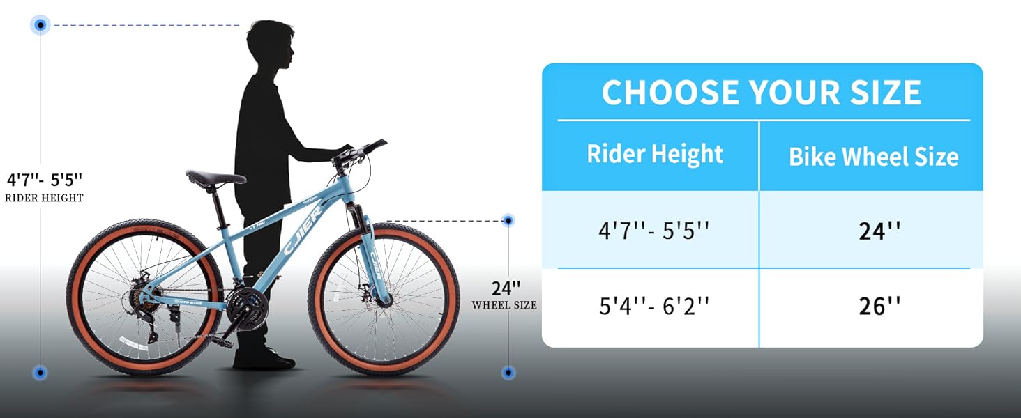 24/26 inch Kids Mountain Bike for Boys/Girls/Men/Women 21 Speeds Kids Bike, 2.125'' Tires MTB Bicycle with Suspension Fork, Dual Disc Brakes, Internal Wiring Frame, Auxiliary Handle