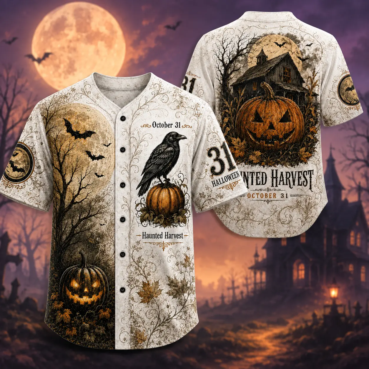 Halloween Baseball Jersey for Men & Women, White Gothic Raven Pumpkin Moon Graphic Button Up Shirt, Haunted Harvest Short Sleeve Unisex Jersey, S-5XL Plus Size, Spooky Season Top for Halloween Party, Fall Festival, Pumpkin Patch & Casual Wear