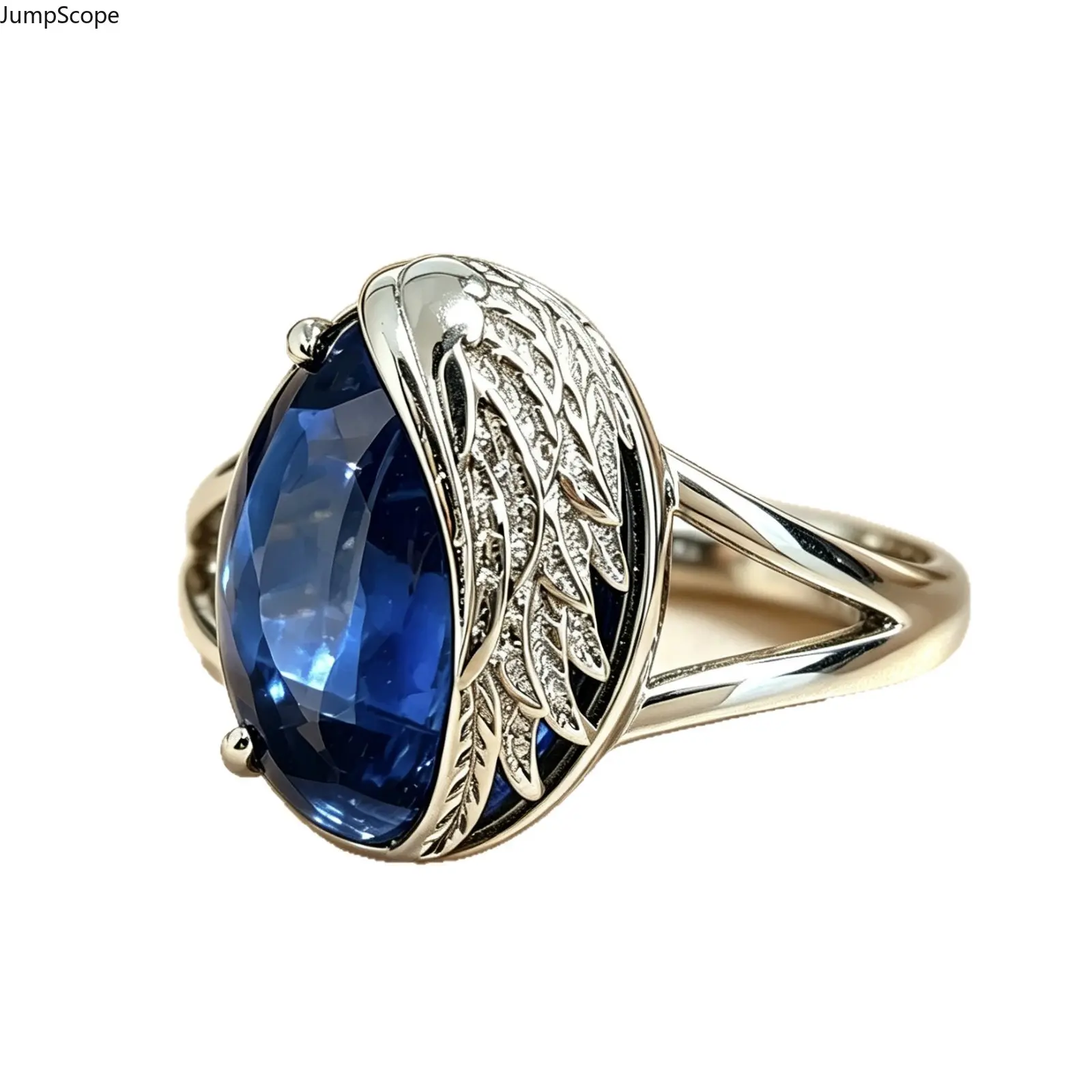 Silver Tone Angel Wing Oval Blue Sapphire Ring, Carved Wing Inlaid Crystal Band, Elegant Vintage Women Engagement Statement Finger Jewelry