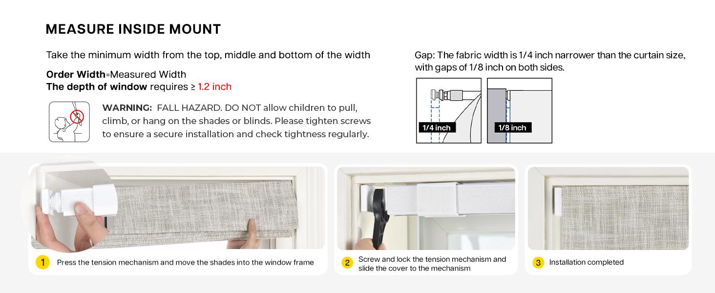 No Drill Cordless Roman Shades for Windows, 20" W * 64" H - 100% Blackout - Linen - Beige