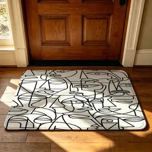 A rectangular indoor mat with an abstract line and face pattern, featuring a soft, machine-washable design made from silicone and velvet. It's ideal for preventing dirt on doorways, in bedrooms, bathrooms, or beside beds, as well as for decorating