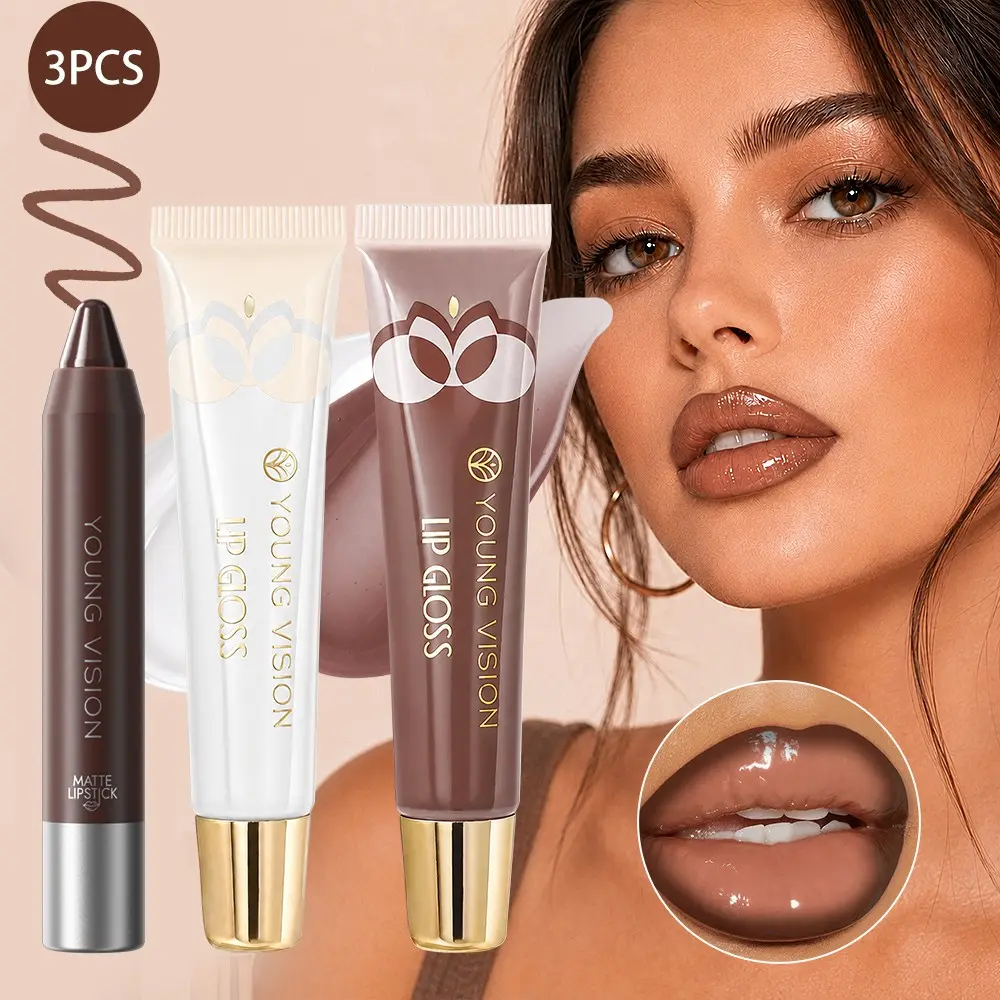 YOUNG VISION  Lip Set, Matte Lipstick Pen, Transparent & Chocolate Lip Oil, Dual Effect Finish, Easy Application, 3-Piece Kit, Lipgloss