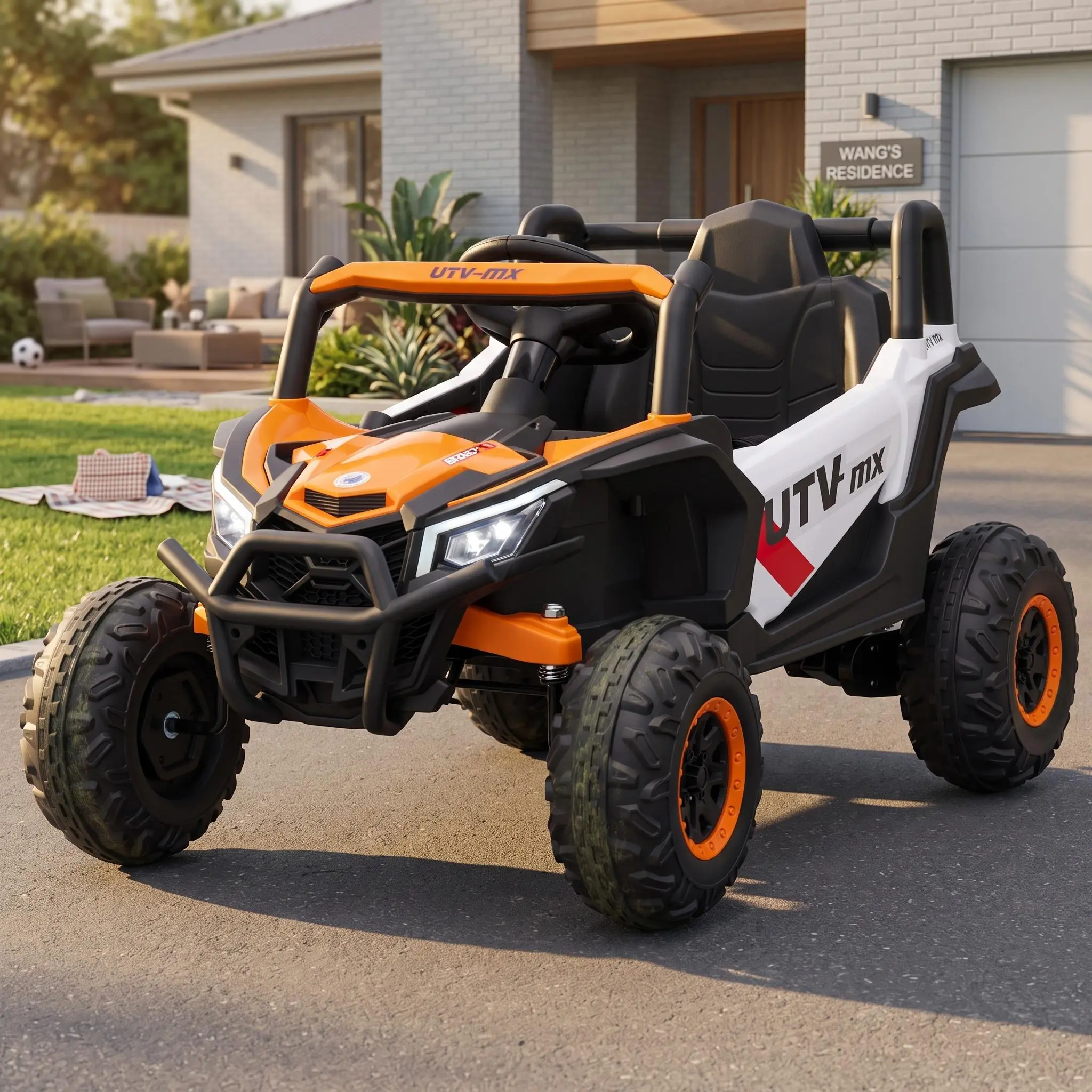 IdealHouse 12V UTV Look Kids Ride On Truck with Remote Control, Switchable 4WD/2WD, 4 Spring Suspension, EVA Tires, Safety Belt, Double Open Doors, Bluetooth Audio, Music, LED Lights, Electric Toy for Ages 3-8