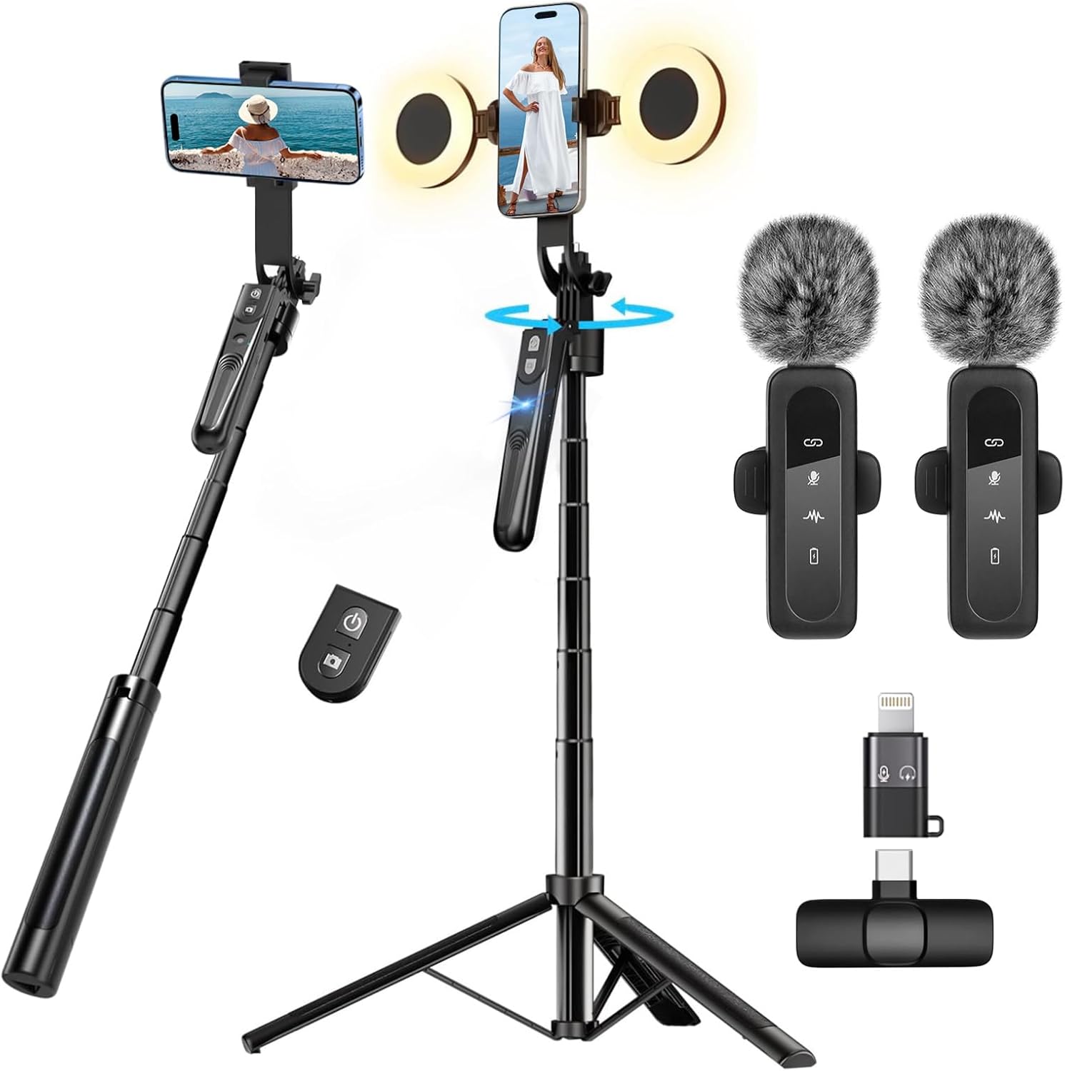 Content Creator Vlogging Kit for iPhone/Android,70-inch Auto Face Tracking Tripod for iPhone with Light and Wireless Microphones,TikTok/YouTube Starter Kit