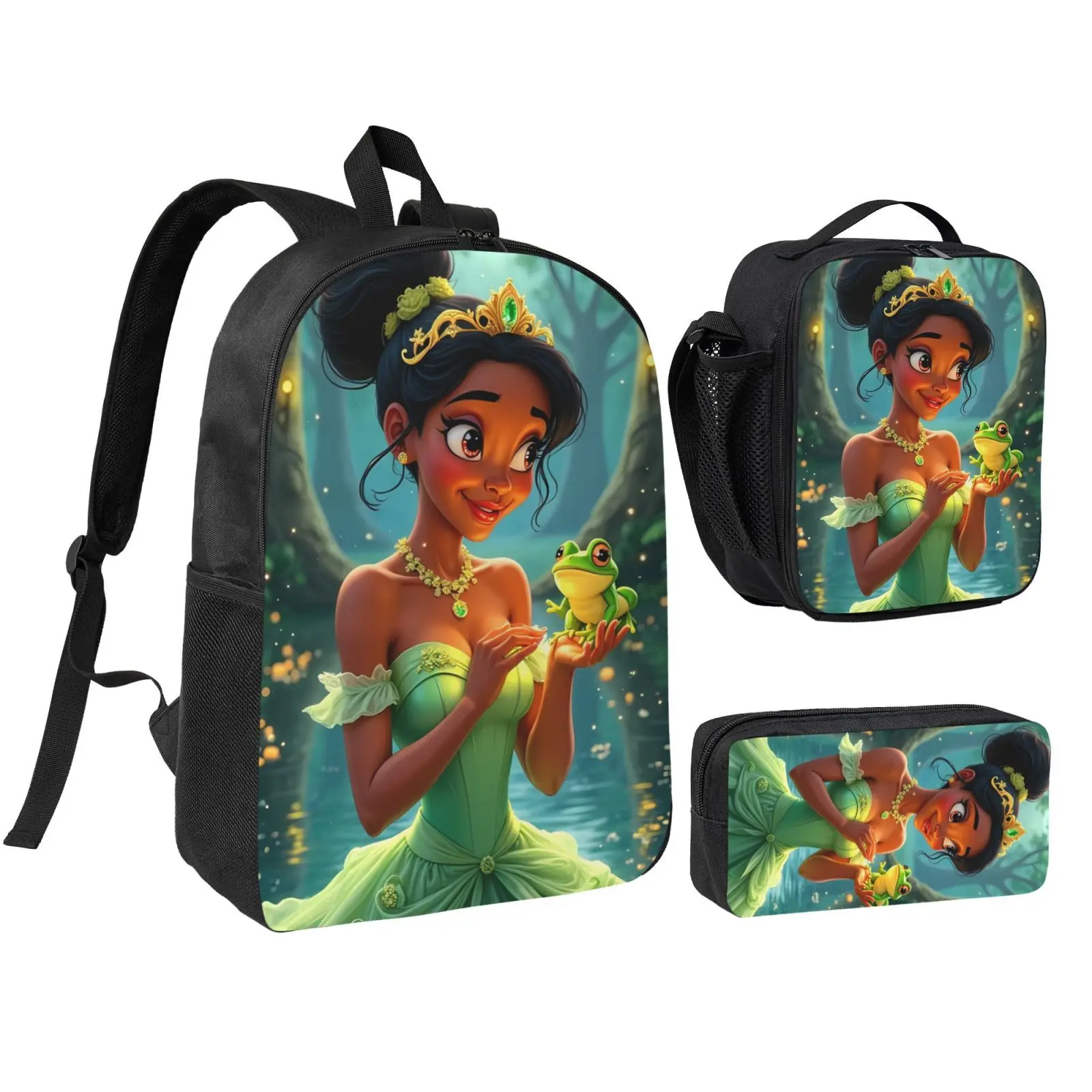 Kids' Unisex Anime The Princess and The Frog 3-Piece Backpack Set Pack, Polyester Waterproof Cute Print School/Travel Bag with Lunchbox, Pencil Case, Adjustable Straps for Teens