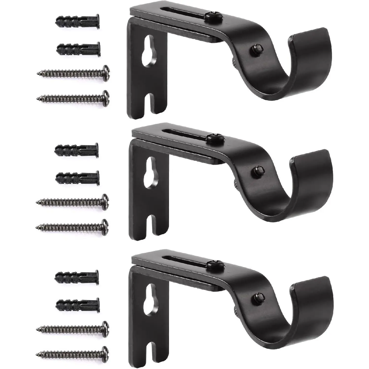 Adjustable Curtain Rod Brackets - Heavy Duty 1 Inch Curtain Rod Support (3 PCS, Black)