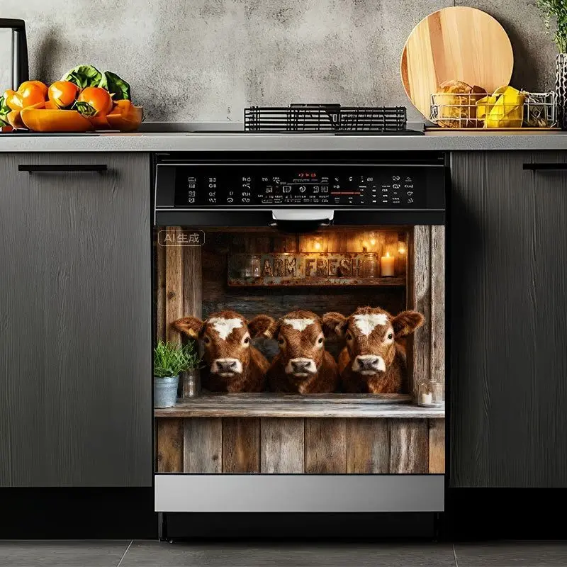 2D Flat 2Pcs Dishwasher Magnetic Front Panel Cover Decal Farm Animals Cow Design Rustic Barn Wood Country Kitchen Decoration Farmhouse Style Home Décor Removable Sticker for Refrigerator Washing Machine Appliance Modern