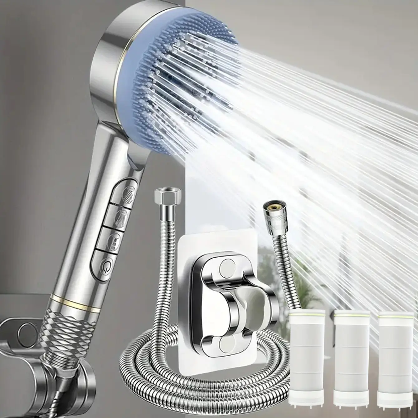 Four-Mode Filtered Shower Head Set, Includes Hose and Bracket, Spa Massage Handheld Spray Nozzle, Rain Showerhead with Filters