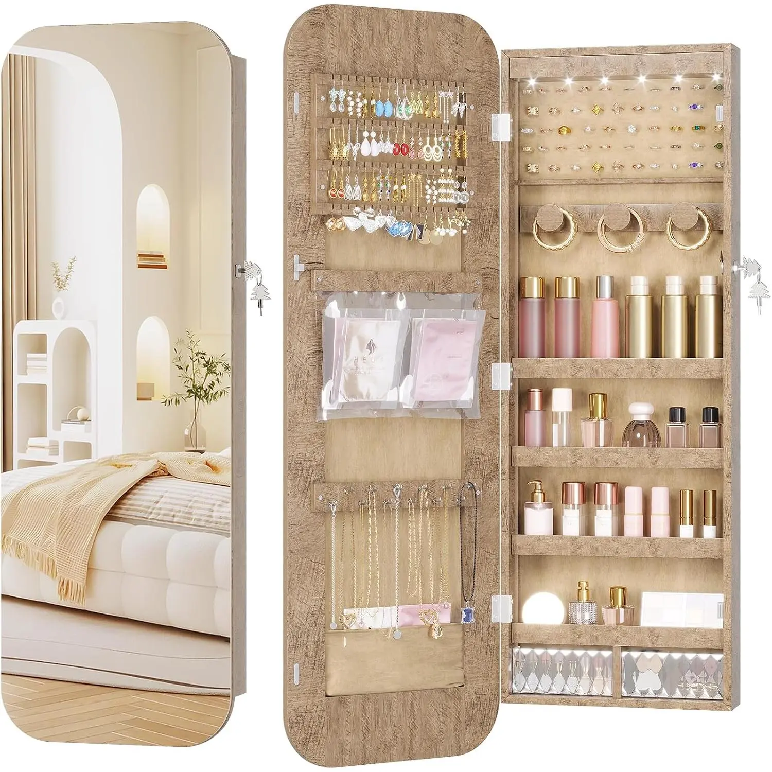 6 LEDs Mirror  Cabinet Door , 42.5", Lockable, Brown |  Organizer with Full Length Mirror, Wall Mounted Large  Storage for Earrings, Rings, Necklaces