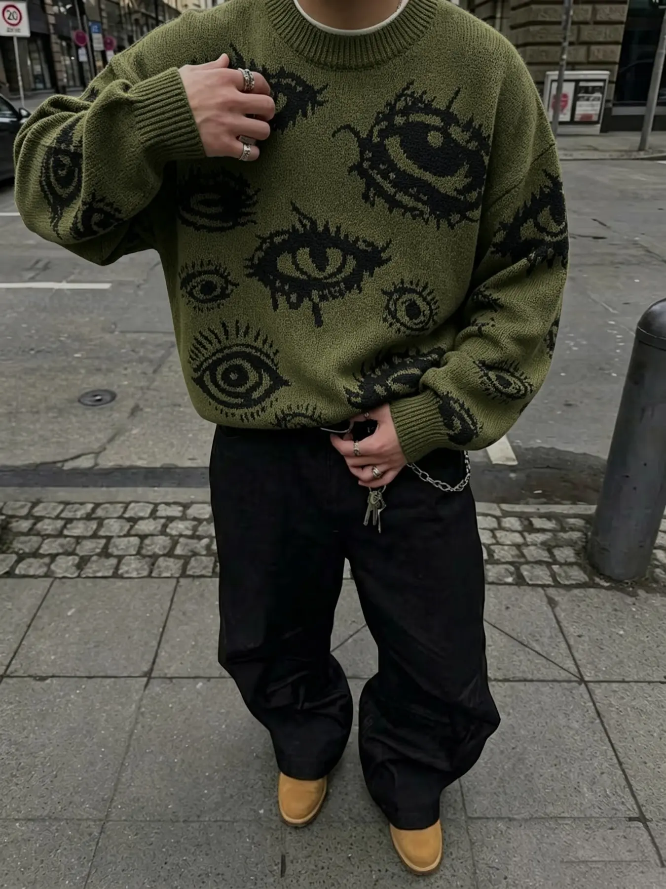 Men's American Street Style Demon Eye Full Print Round Neck Sweater, Vintage Military Loose-Fit Drop Shoulder Knitted Pullover