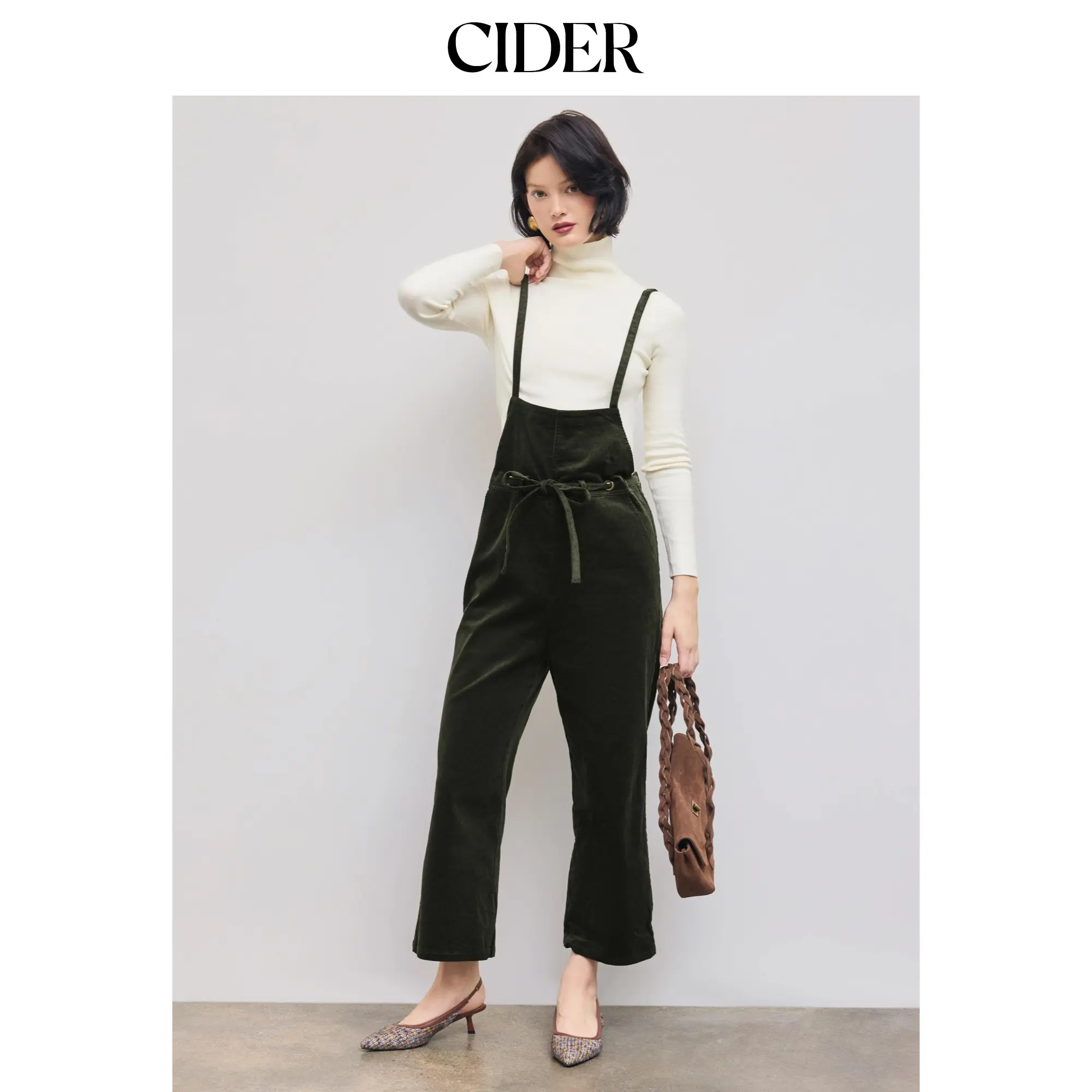 Cider [size 2-26] Corduroy Square Neck Solid Pocket Knotted Cropped Jumpsuit