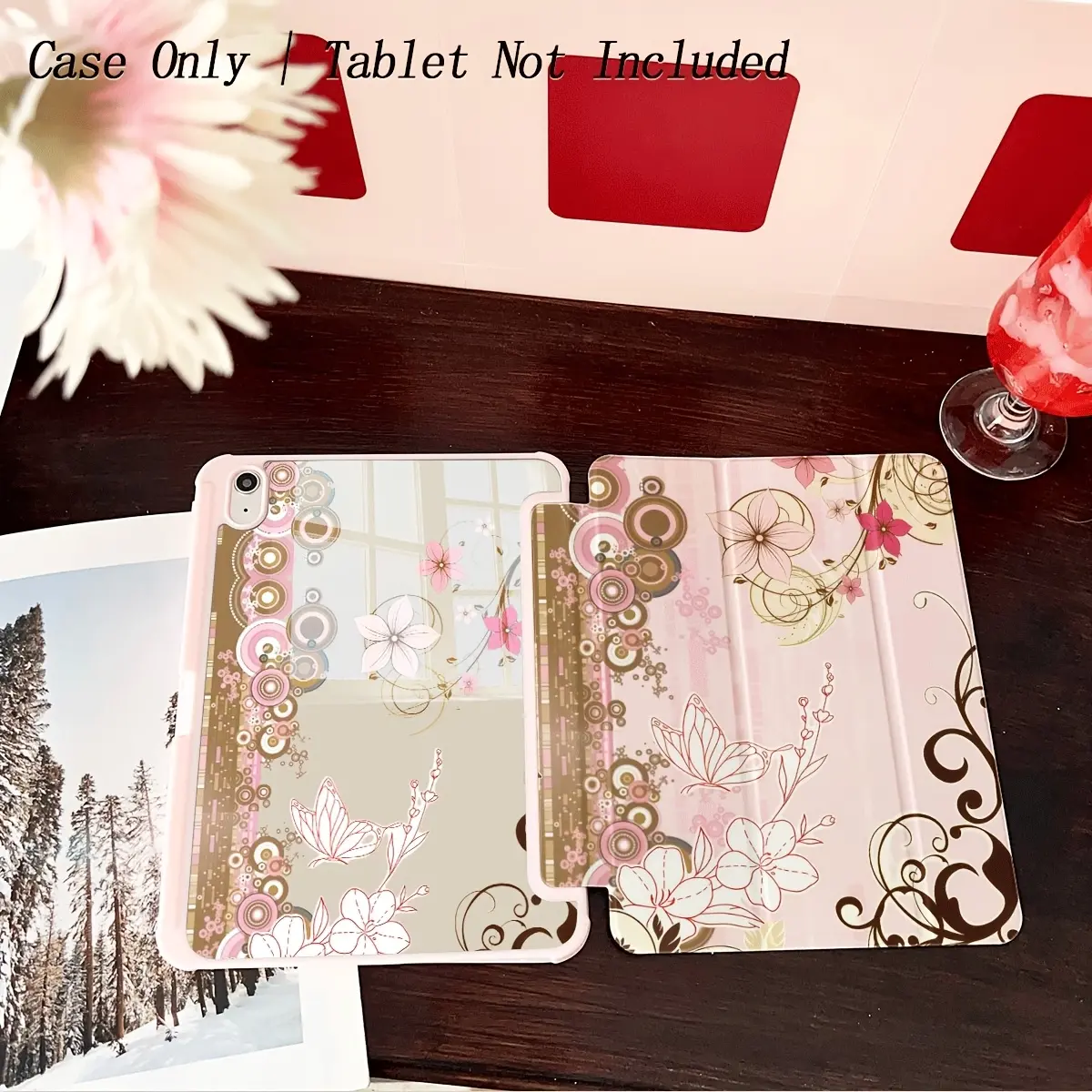 Floral and scrollwork pattern; features an adjustable stand and stylus holder; foldable, non-slip TPU protective case; compatible with Samsung, iPad mini, iPad Air, iPad Pro, and iPad (10th/11th Gen) series.