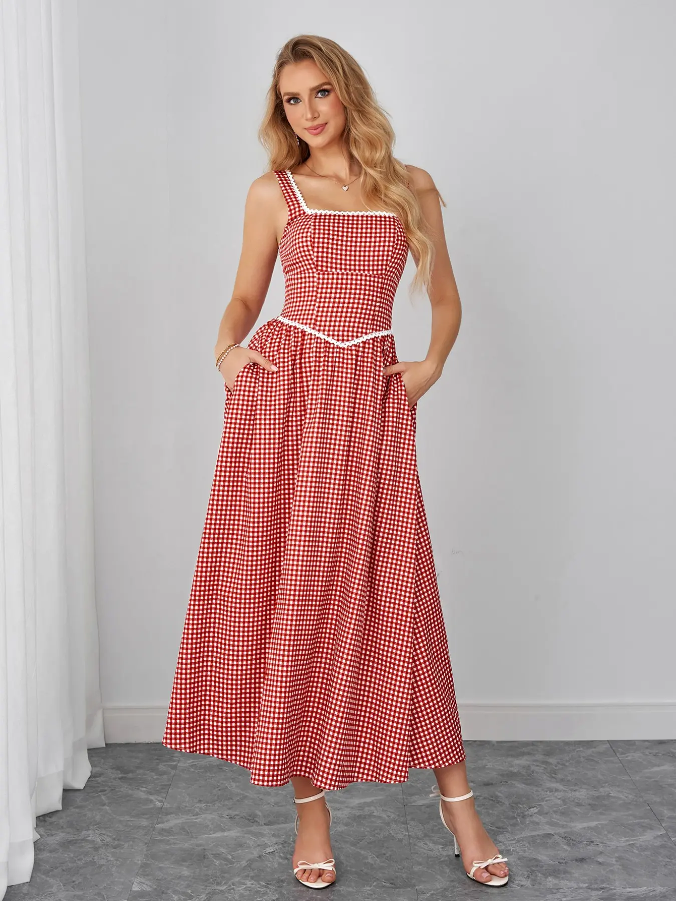 Square Neck Plaid Print Ruched Sleeveless Backless Slim Fit Dress, Flowy A-Line Style, Summer Casual Beach Vacation Long Dress