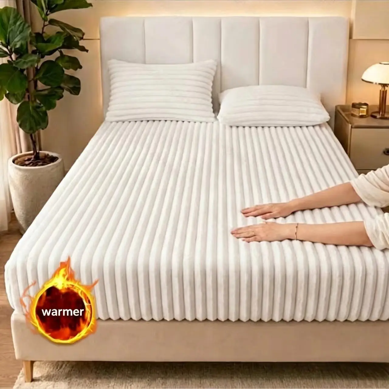 1‑Piece Striped Fitted Sheet, Ultra‑Soft Thermal Brushed Fabric, Deep‑Pocket Design, Multiple Sizes & Colors, Non‑Pill Warm Breathable Bedding for Bedroom Dorm Hotel, Machine Washable Bedsheet