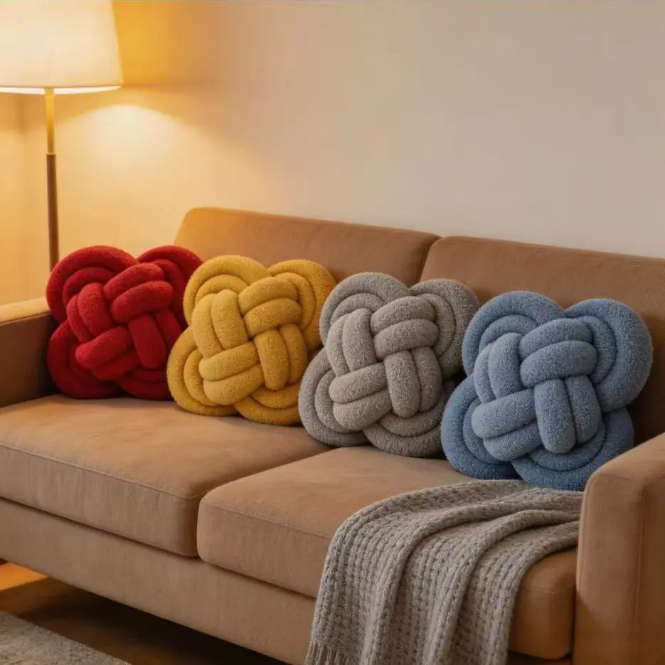 Handmade Braided Chinese Knot Pillow, Cashmere Roll Cushion, Sofa Pillow, Living Room Round Ball Backrest, Bed Headboard Support