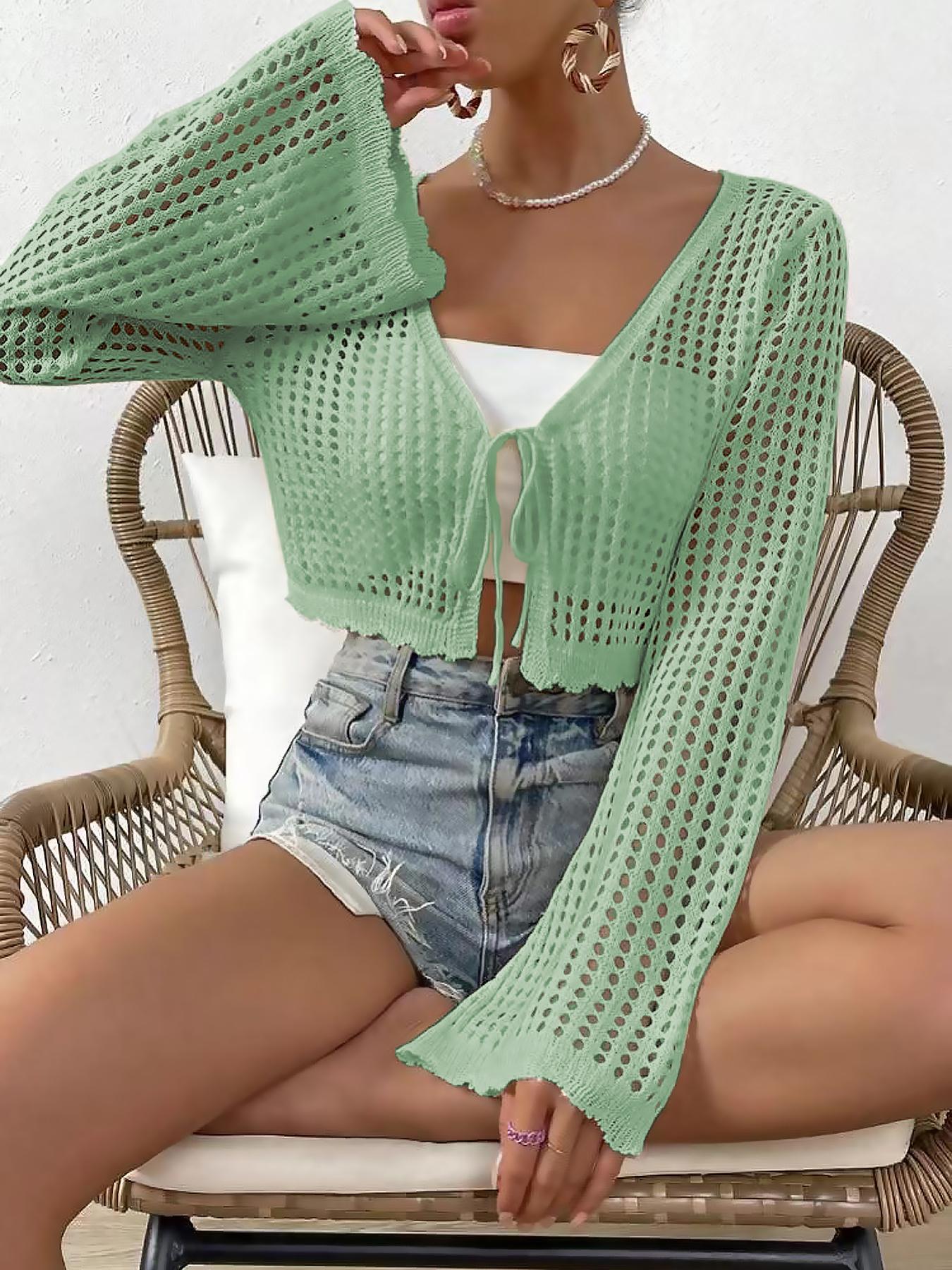 Women's Plain Hollow Out Tie Front Crop Cardigan, Casual Flounce Sleeve V Neck Cover Up Knitwear for Spring & Fall, Summer Outfits 2024, Women's Knit Clothing for Daily Wear