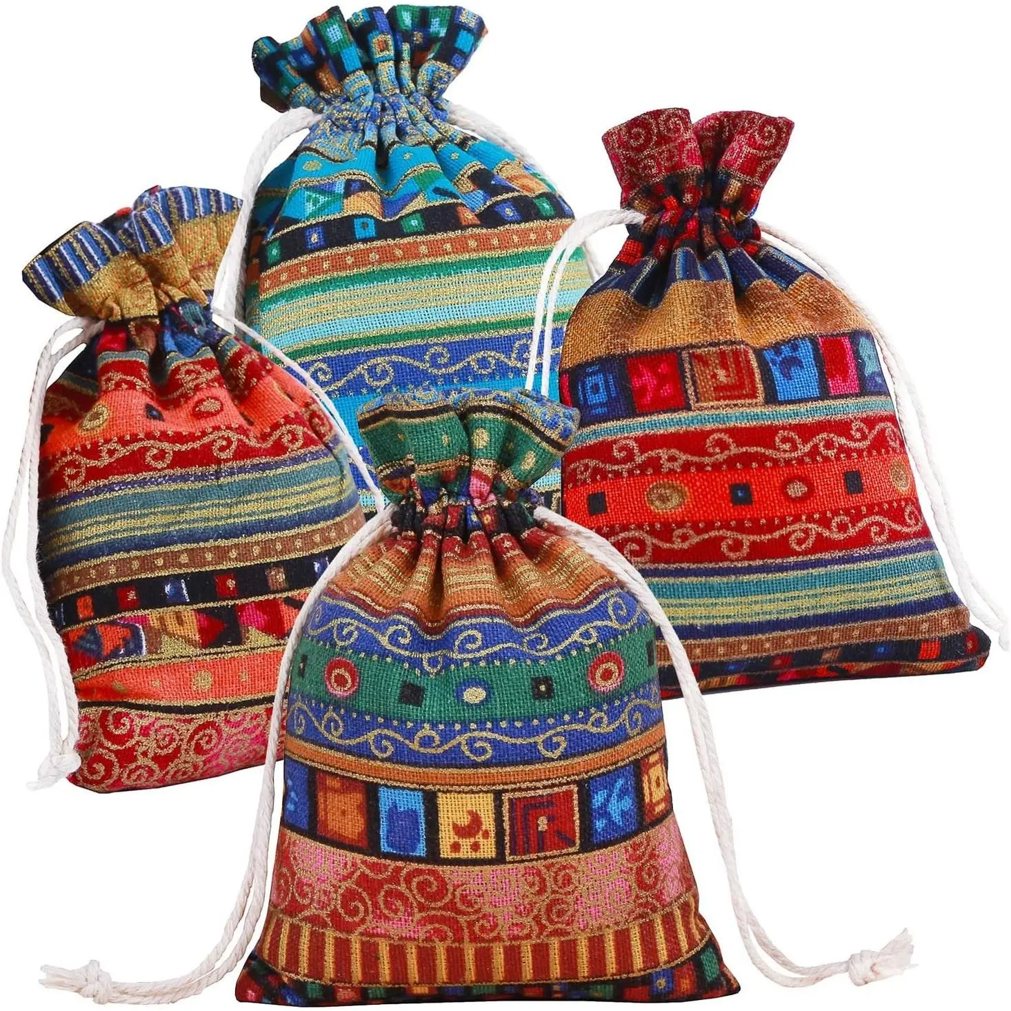 Ethnic Style Drawstring Gift Bag 5x7 Cotton Reusable Pouches (12pcs) Jewelry Coin Storage Pouch Eco-Friendly Sachet Bags for Candy Wedding Party Valentine Favors