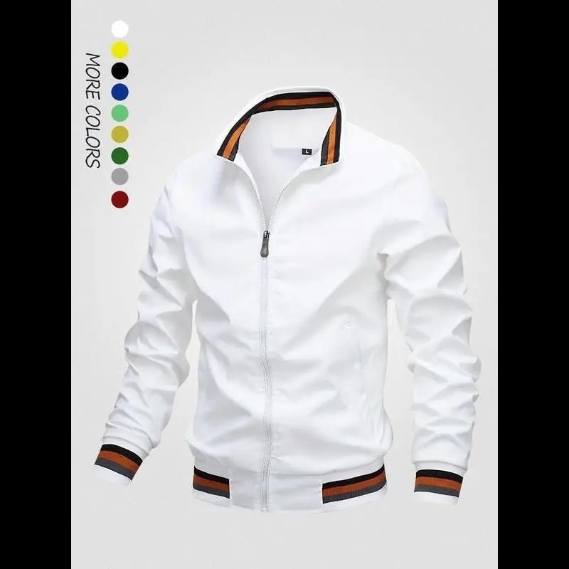 Men's Striped Trim Zip Up Varsity Jacket, Regular Fit Streetwear Long Sleeve Pocket Baseball Jacket, Windbreaker Bomber Jacket, Fall Clothing for Daily Wear Tops