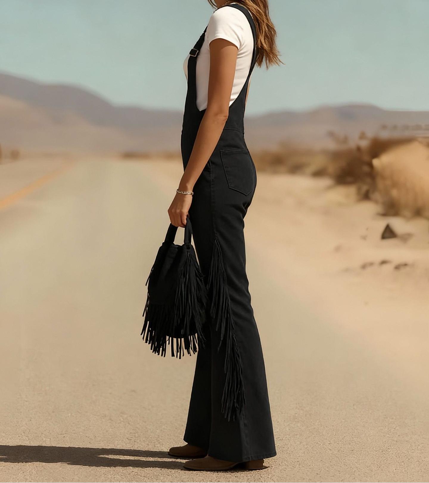 Women's Retro Faux Suede Fringe Wide-Leg Cargo Pants