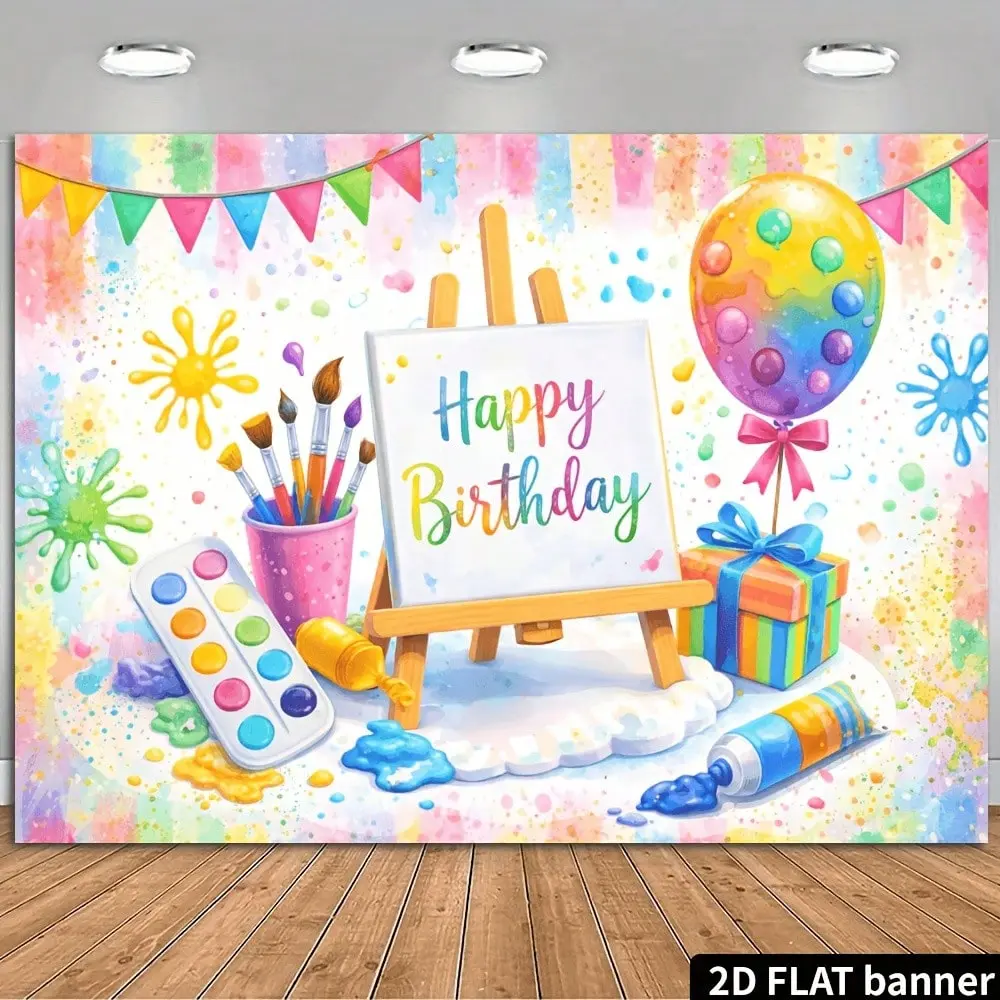 2D Flat Art Painting Themed Birthday Party Banner Backdrop, Watercolor Painting Theme, Includes Easel, Colorful "Happy Birthday" Lettering, Paintbrush, Paint Palette, Colored Balloons, Gift Box, And Triangular Pennant Flags, Adorned With Colorful