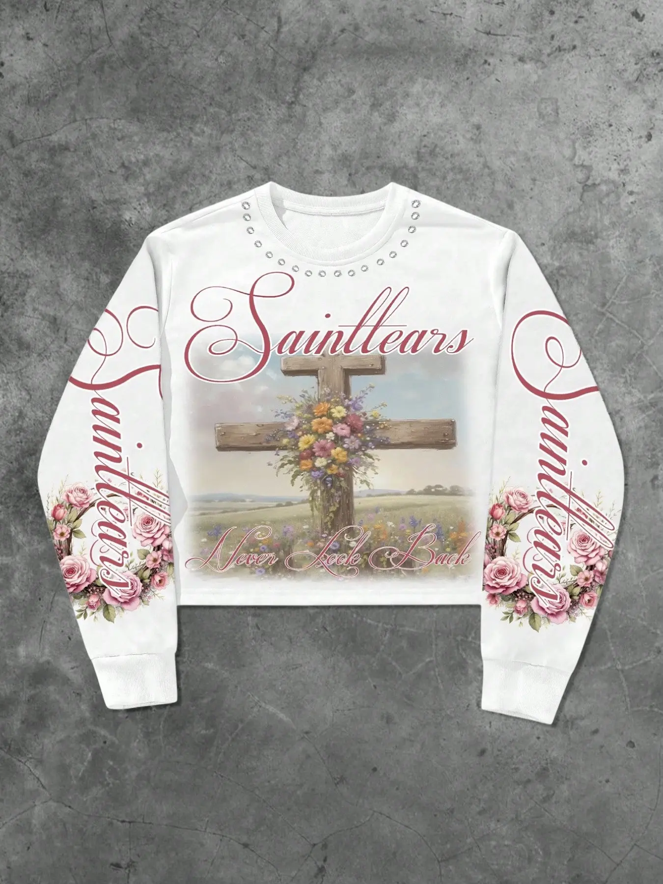 Short Sleeve Sweatshirt, Cross Floral Print, Rhinestone Collar, Sweet Cool Retro Casual Style, High Waist, Versatile and Eye-Catching