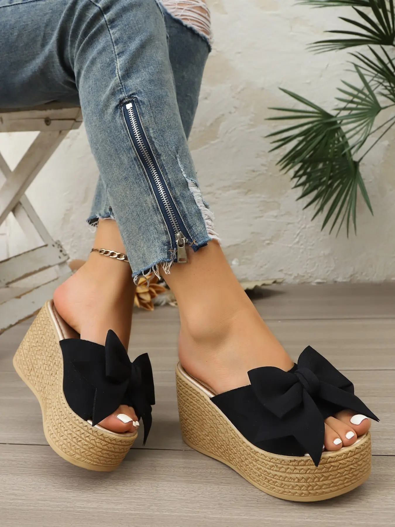 Women Wedge Slide Sandals Open Toe Slip On Wedge Heels Trendy Fabric Big Bow Espadrille Platform Slides Beach Vacation Resort Daily Shopping Outfits 1 Color Solid Black