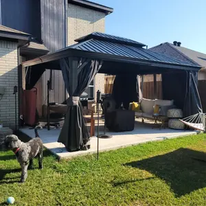 Aobtkel 12' X 16' Hardtop Gazebo Outdoor Metal Gazebo with Galvanized Steel Double Roof Canopy, Aluminum Frame, Curtains and Netting for Patio, Deck, Garden, Grey On-Site