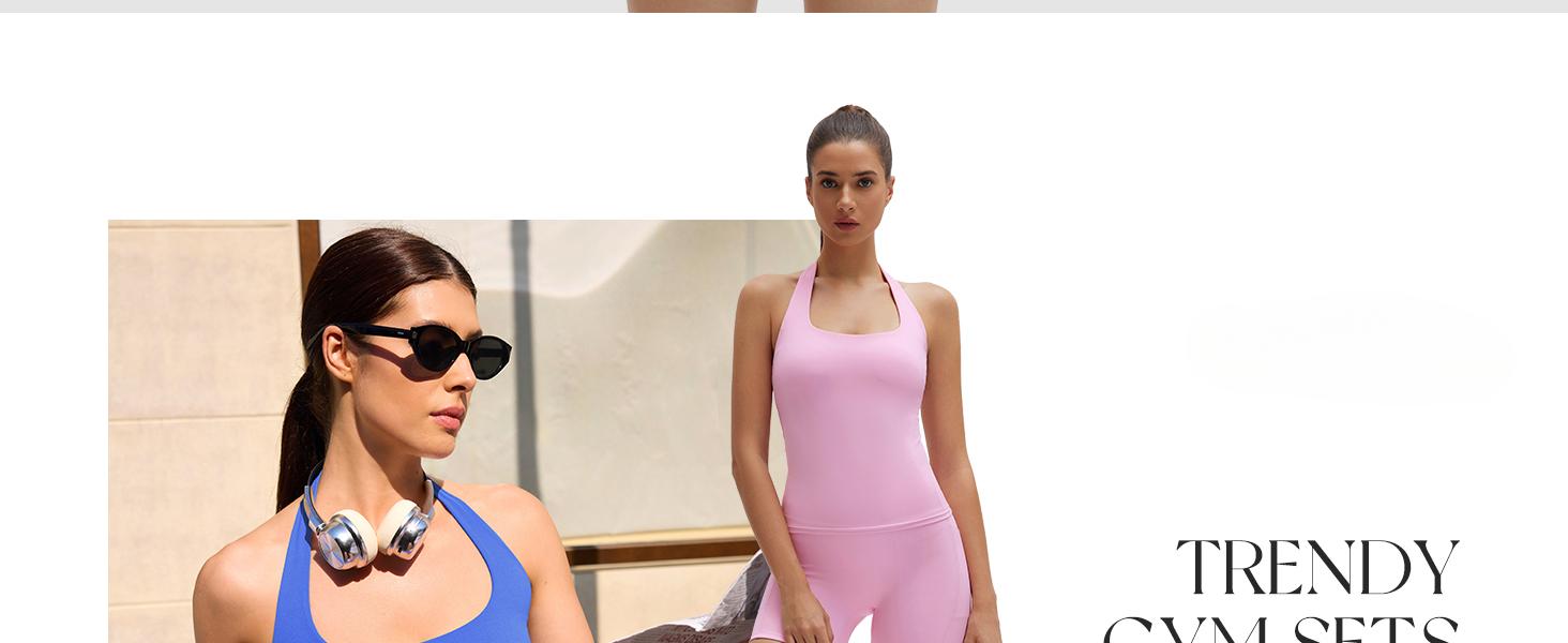 Women 2 Piece Workout Sets Halter Neck Padded Yoga Tank Tops High Waisted Biker Shorts with Pockets