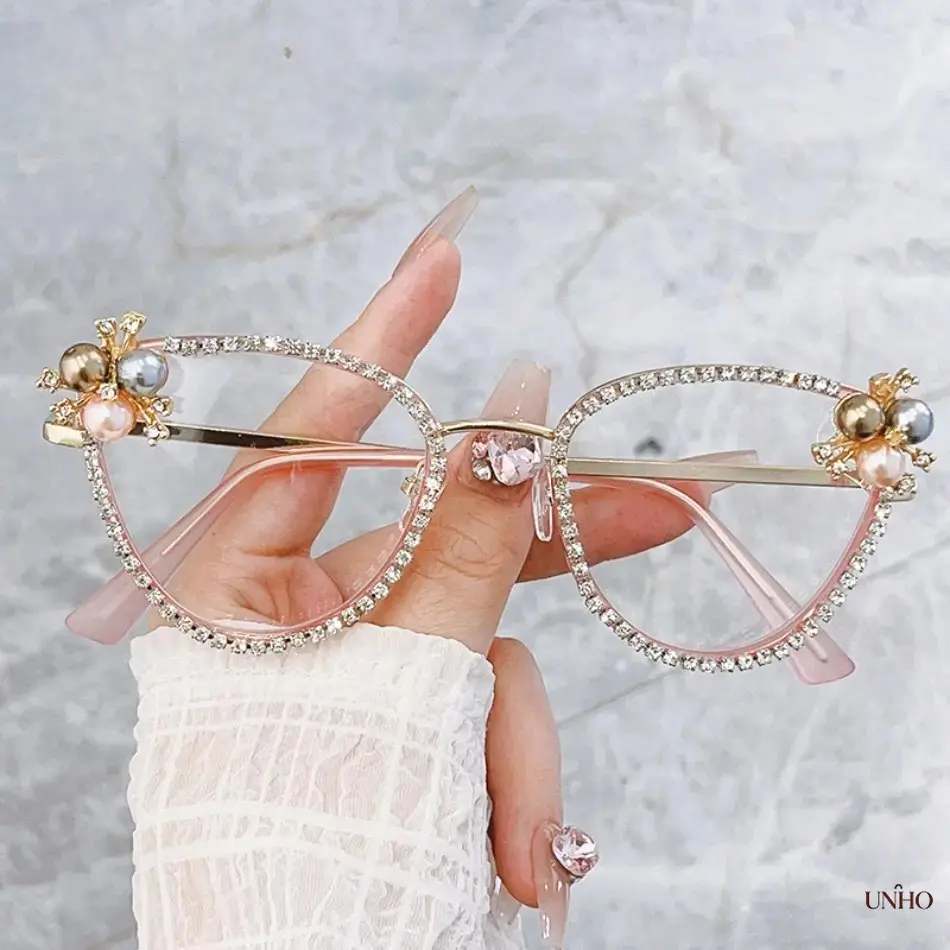 Women’s Rhinestone & Pearl Decorative Eyeglass Frame, Vintage Retro Cat‑Eye Anti‑Blue Light Clear Lens Glasses, Stylish Fashion Flat Mirror Eyewear for Daily Wear, Party & Trendy Street‑Style Outfits
