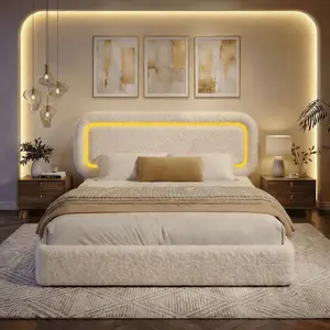 Boucle Cloud    LED Lights Headboard Upholstered    Curved Edges Design, Anti-Collision Soft Platform , Easy Assembly, Beige,wood