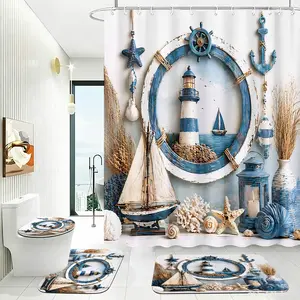 4pcs Midsummer Lighthouse & Sailboa Bathroom Decor: Ocean-Themed Blue Ship's Wheel Pattern Shower Curtain, Seaside Beach Seashell Lantern Ornament