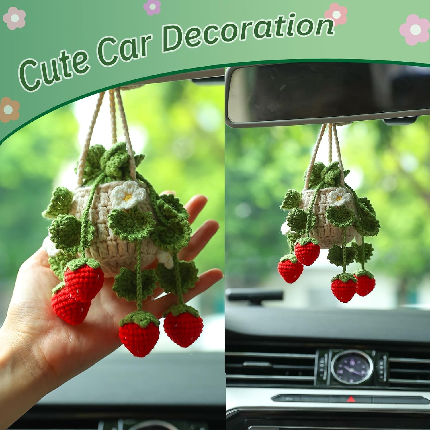 Cute Plant Crochet Rearview Mirror Accessories, Handmade Car Mirror Hanging Decorations, Women's Car Decoration Items
