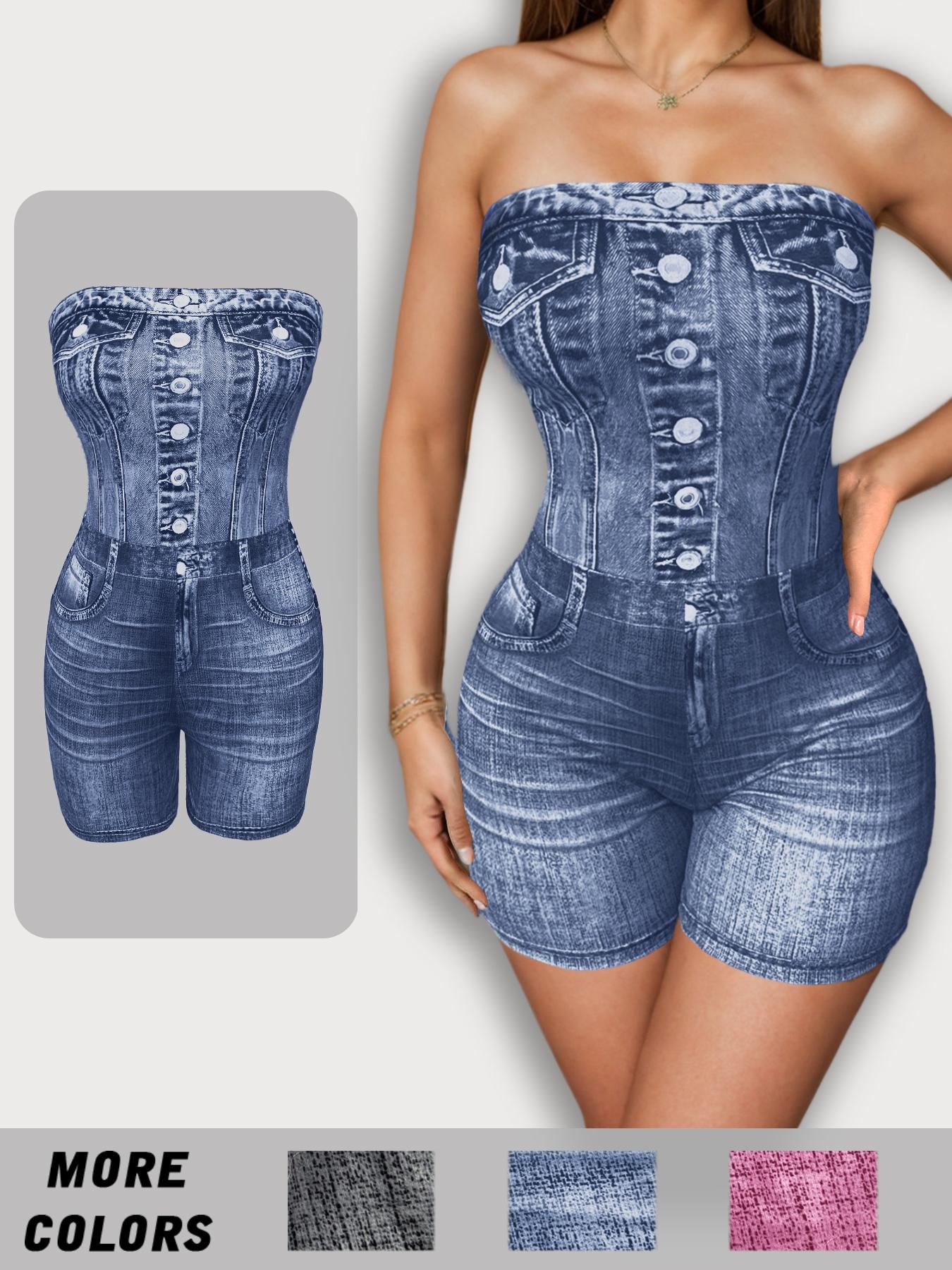 Women's Denim-effect Print Tube Romper, Casual Strapless Skinny Romper for Daily Outdoor Wear, Ladies Clothes for Summer
