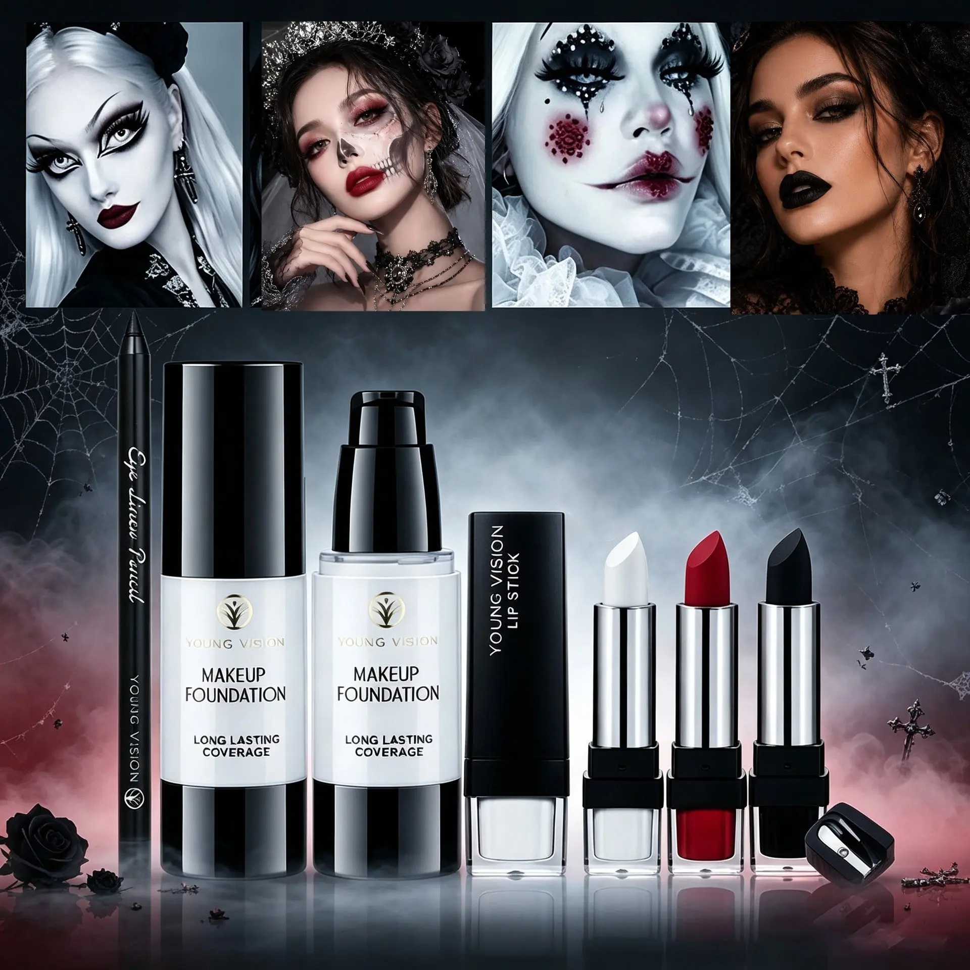 YOUNG VISION Halloween Full Face Makeup Set, Rich Colors, Long-Lasting, Easy Cosplay Party Stage Creative Makeup Kit