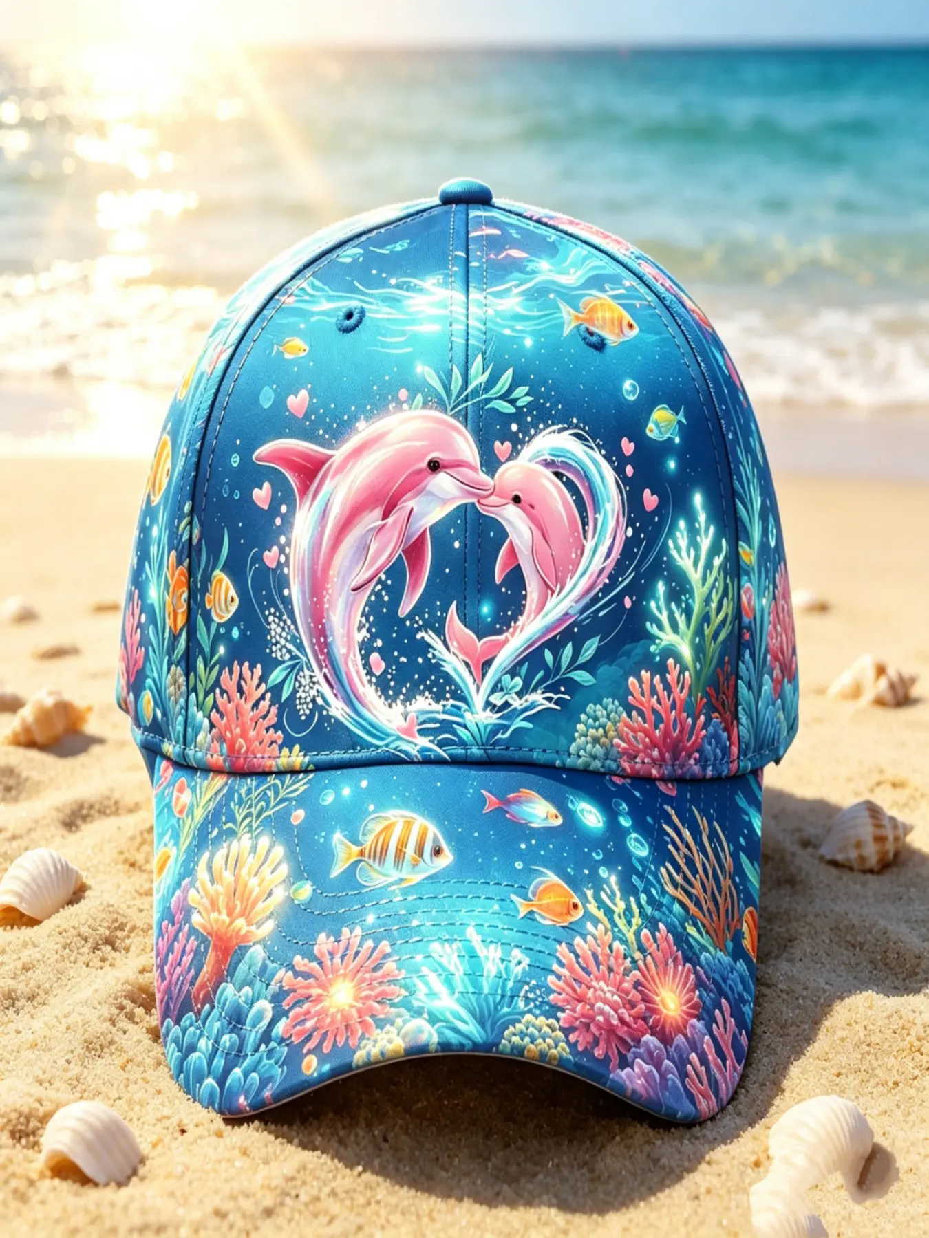 Couple Dolphin Heart Pattern Baseball Cap, Fresh Ocean Style Summer Outdoor Breathable Casual Hat, All Seasons Fitted Hat